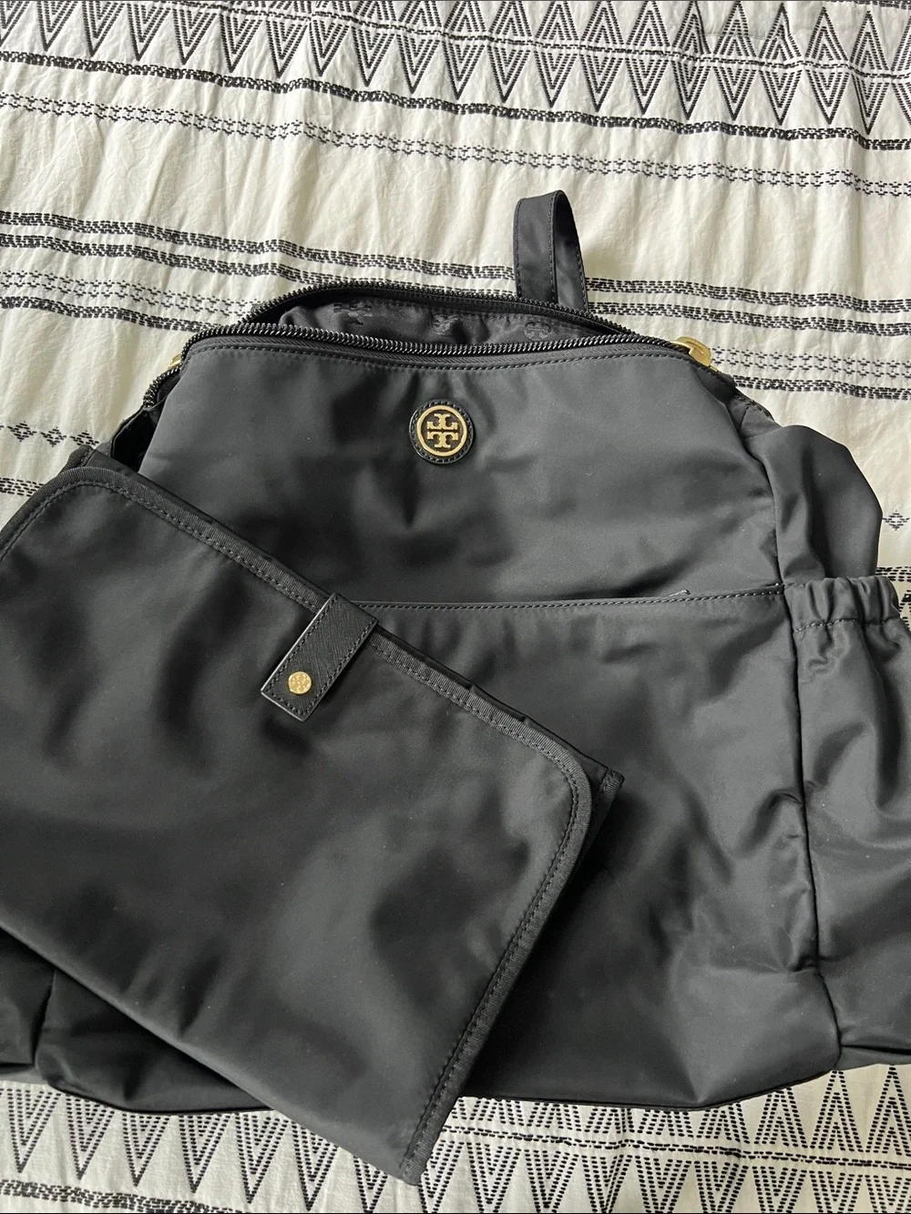 Tory Burch Black Nylon diaper bag with Gold Logo and changing pad